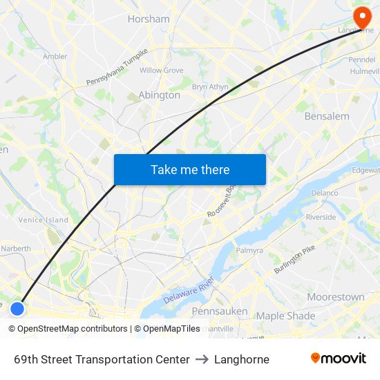 69th Street Transportation Center to Langhorne map