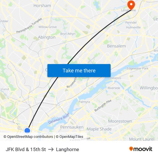 JFK Blvd & 15th St to Langhorne map
