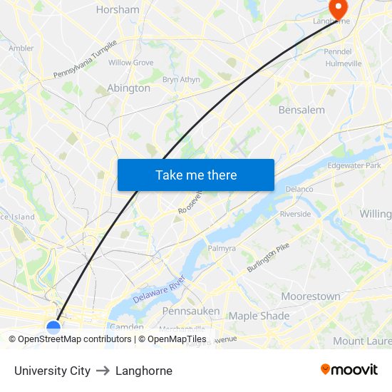University City to Langhorne map