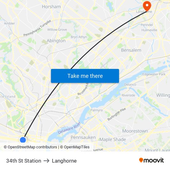 34th St Station to Langhorne map