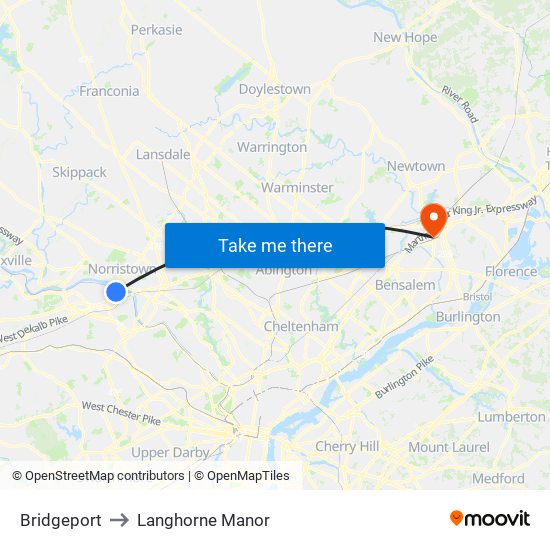 Bridgeport to Langhorne Manor map