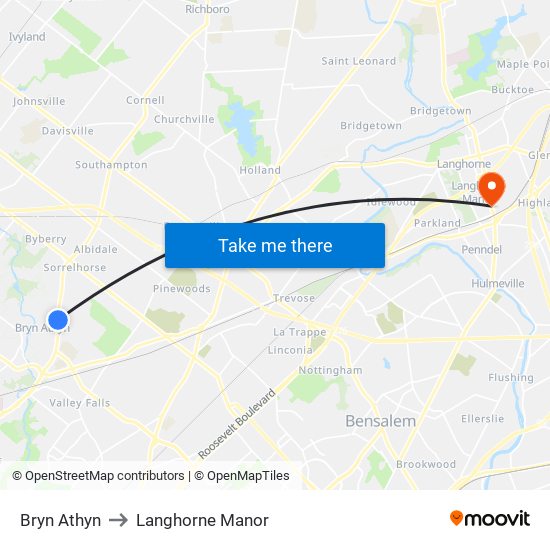 Bryn Athyn to Langhorne Manor map