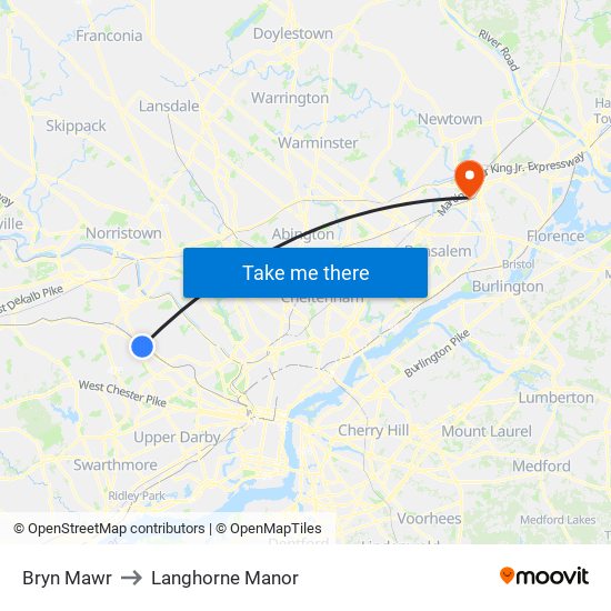 Bryn Mawr to Langhorne Manor map