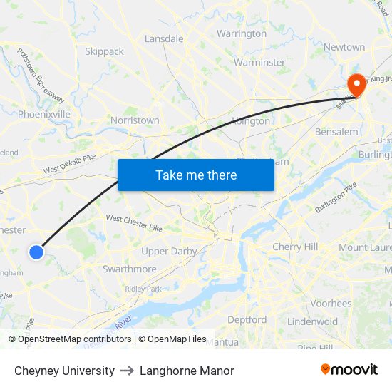 Cheyney University to Langhorne Manor map