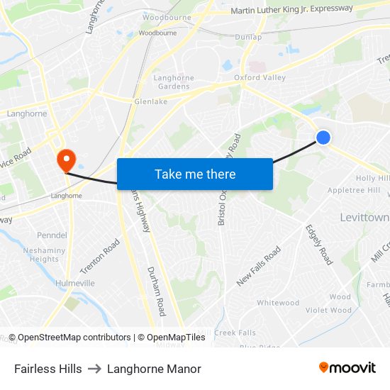 Fairless Hills to Langhorne Manor map