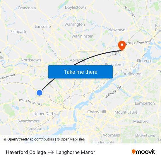 Haverford College to Langhorne Manor map