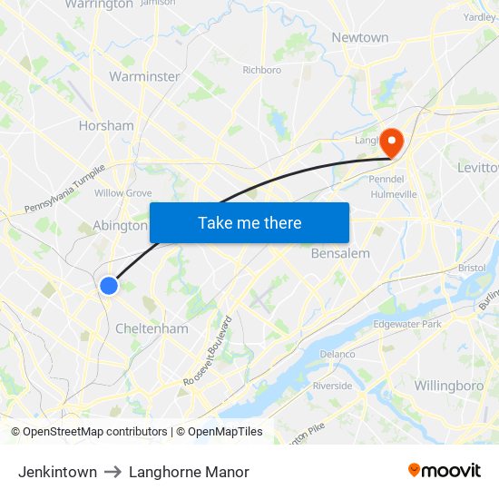 Jenkintown to Langhorne Manor map