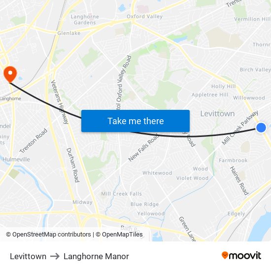 Levittown to Langhorne Manor map
