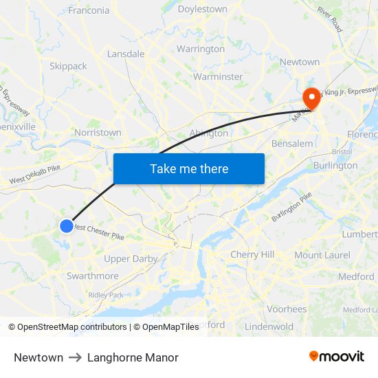 Newtown to Langhorne Manor map