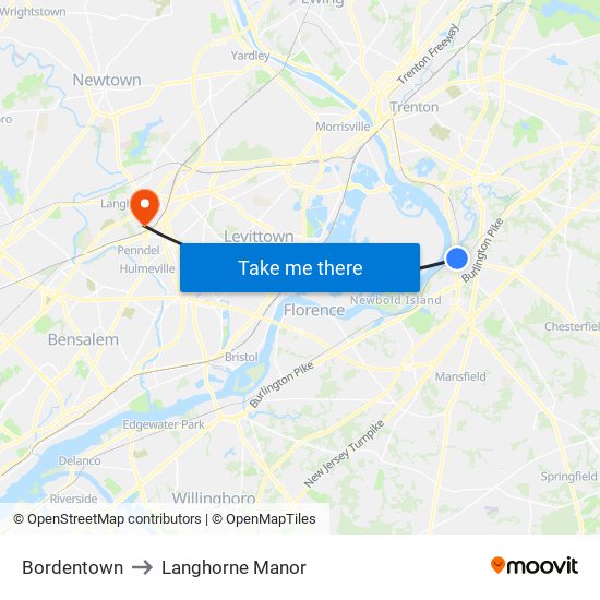 Bordentown to Langhorne Manor map