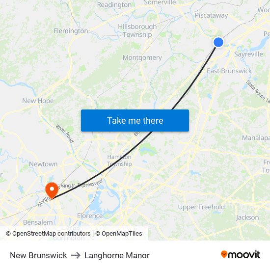 New Brunswick to Langhorne Manor map