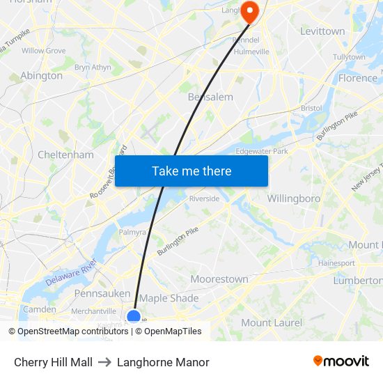 Cherry Hill Mall to Langhorne Manor map