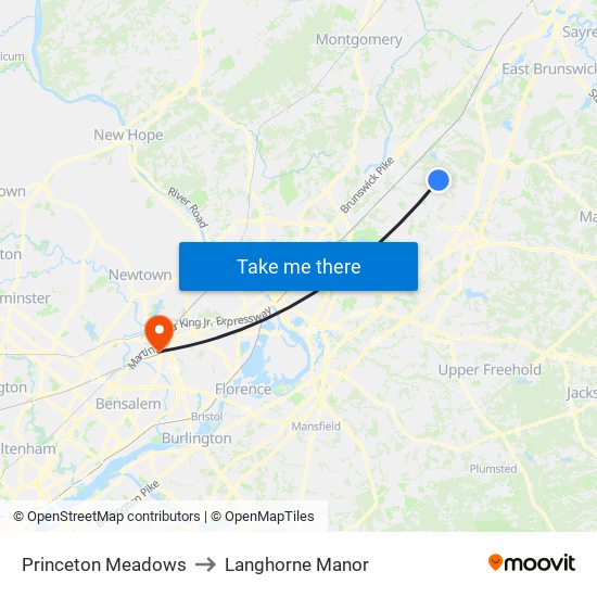 Princeton Meadows to Langhorne Manor map