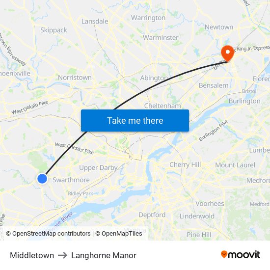 Middletown to Langhorne Manor map