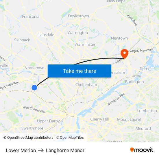 Lower Merion to Langhorne Manor map