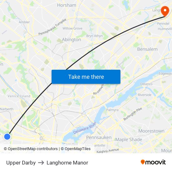 Upper Darby to Langhorne Manor map