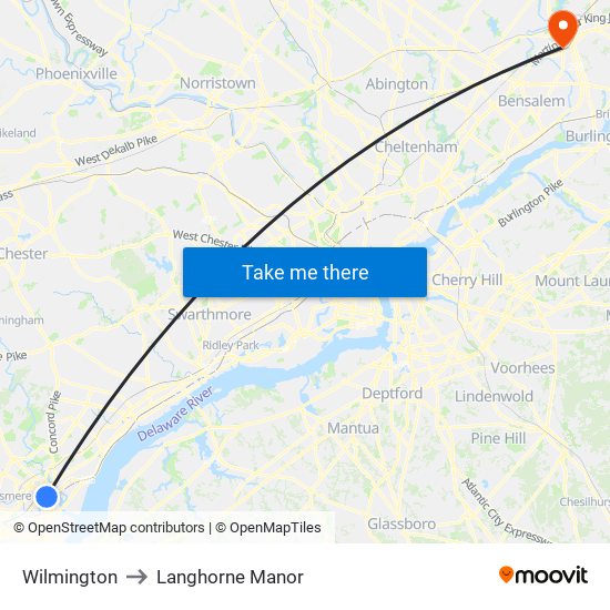 Wilmington to Langhorne Manor map