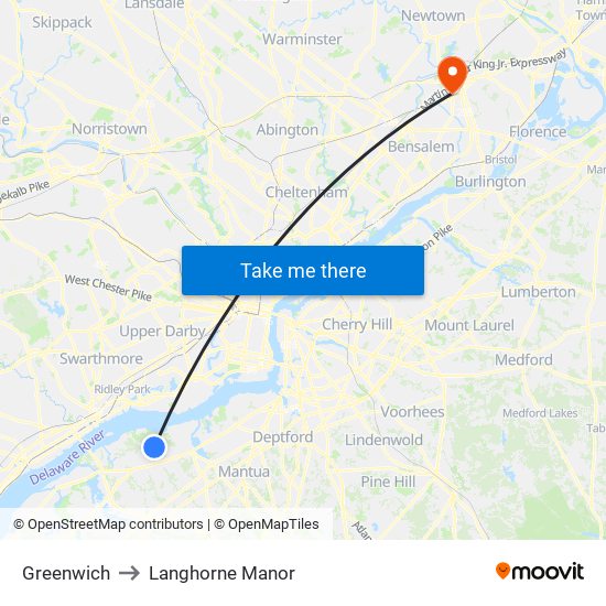 Greenwich to Langhorne Manor map