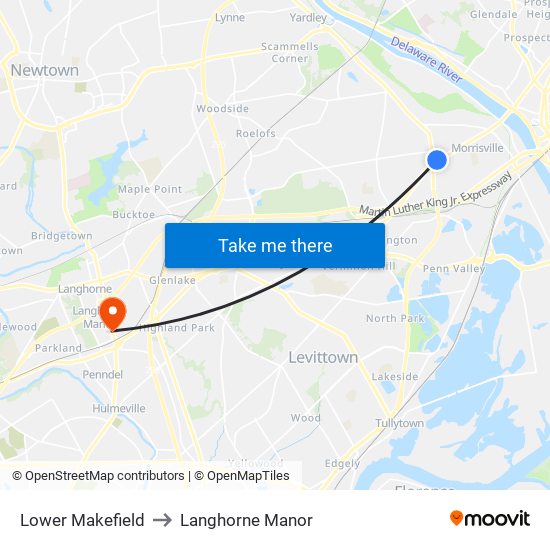 Lower Makefield to Langhorne Manor map