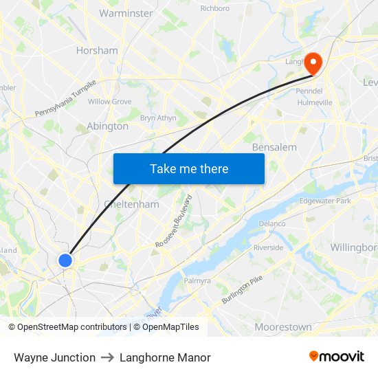 Wayne Junction to Langhorne Manor map