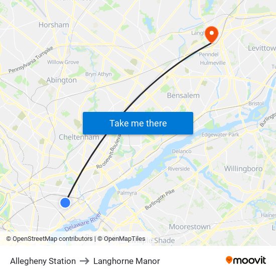 Allegheny Station to Langhorne Manor map