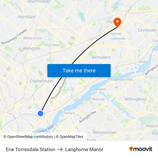 Erie Torresdale Station to Langhorne Manor map
