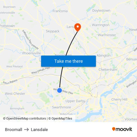 Broomall to Lansdale map