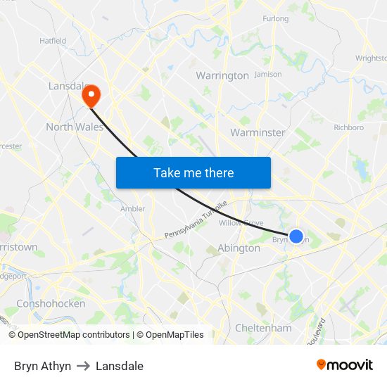 Bryn Athyn to Lansdale map