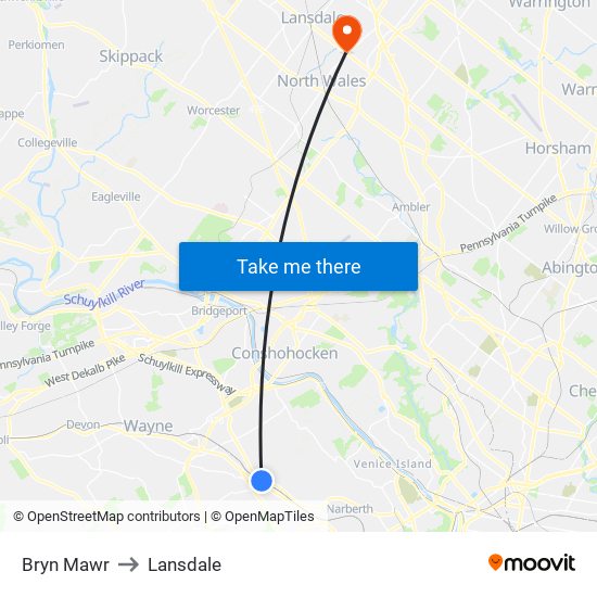 Bryn Mawr to Lansdale map