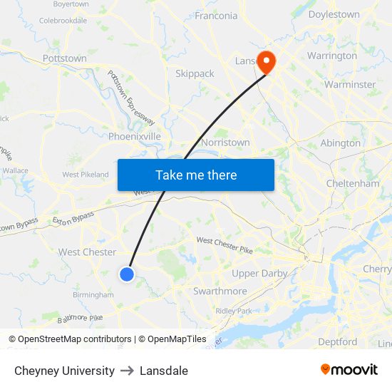 Cheyney University to Lansdale map