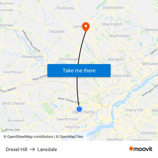 Drexel Hill to Lansdale map