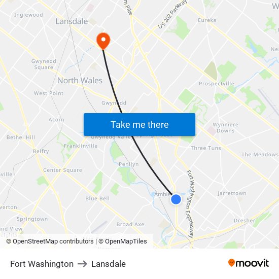 Fort Washington to Lansdale map