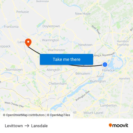 Levittown to Lansdale map