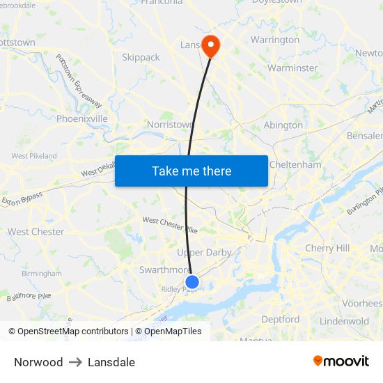 Norwood to Lansdale map