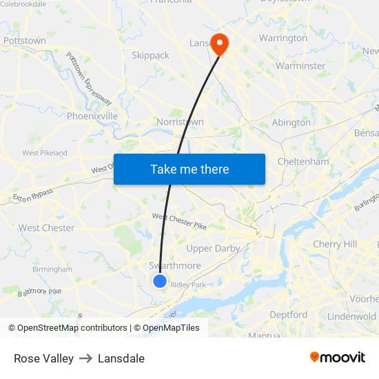 Rose Valley to Lansdale map