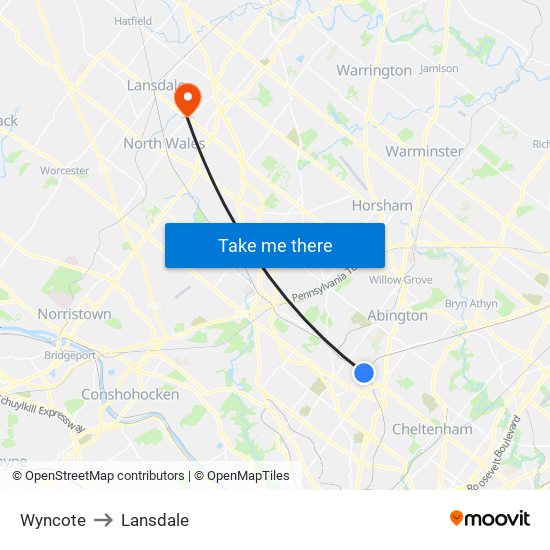 Wyncote to Lansdale map