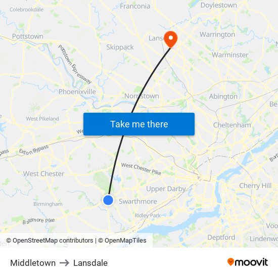 Middletown to Lansdale map