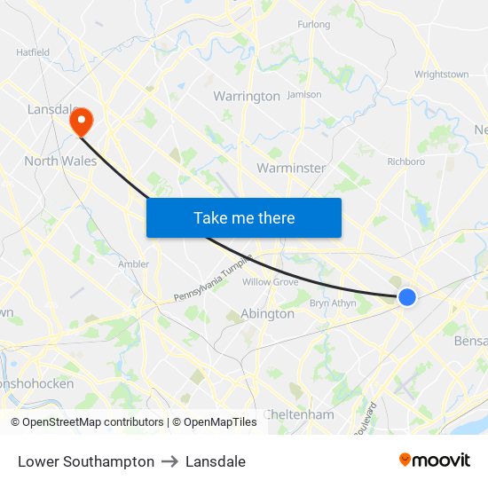 Lower Southampton to Lansdale map