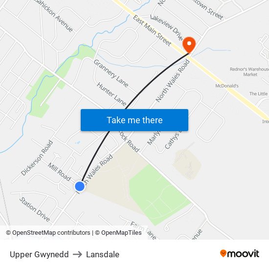 Upper Gwynedd to Lansdale map