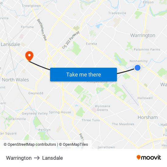 Warrington to Lansdale map