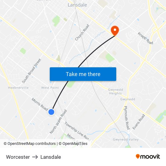 Worcester to Lansdale map