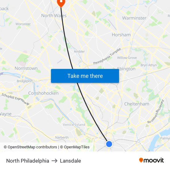 North Philadelphia to Lansdale map