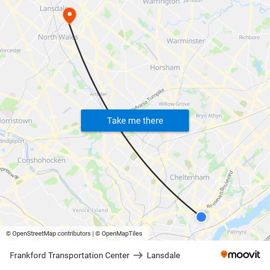 Frankford Transportation Center to Lansdale map
