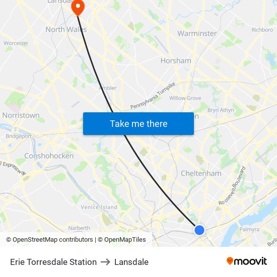 Erie Torresdale Station to Lansdale map