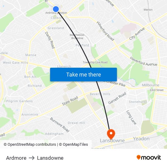 Ardmore to Lansdowne map