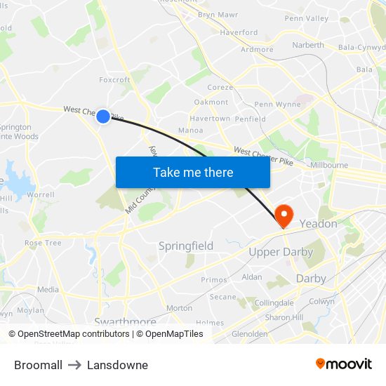 Broomall to Lansdowne map