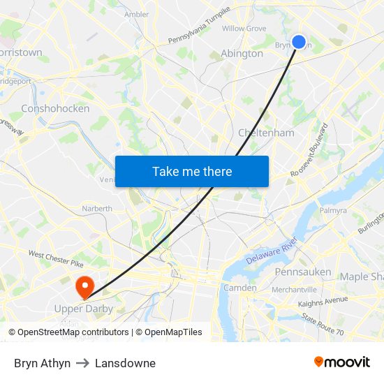 Bryn Athyn to Lansdowne map