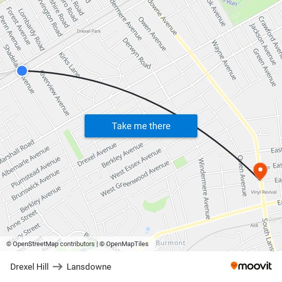 Drexel Hill to Lansdowne map