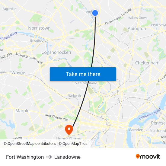 Fort Washington to Lansdowne map