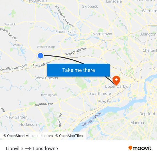 Lionville to Lansdowne map